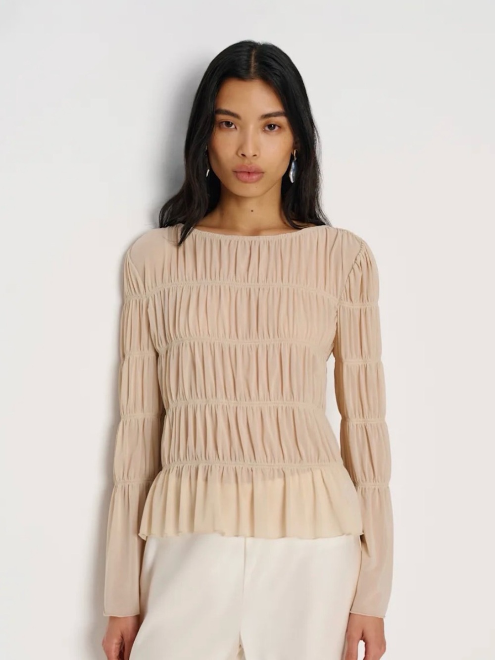 Reformation Beige Smocked Long-Sleeve Blouse